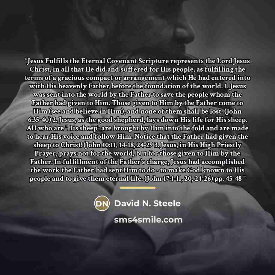 “Jesus Fulfills the Eternal Covenant Scripture represents the Lord Jesus Christ, in all that He did and suffered for His people, as fulfilling the terms of a gracious compact or arrangement which He had entered into with His heavenly Father before the foundation of the world. 1. Jesus was sent into…” quote by David N. Steele