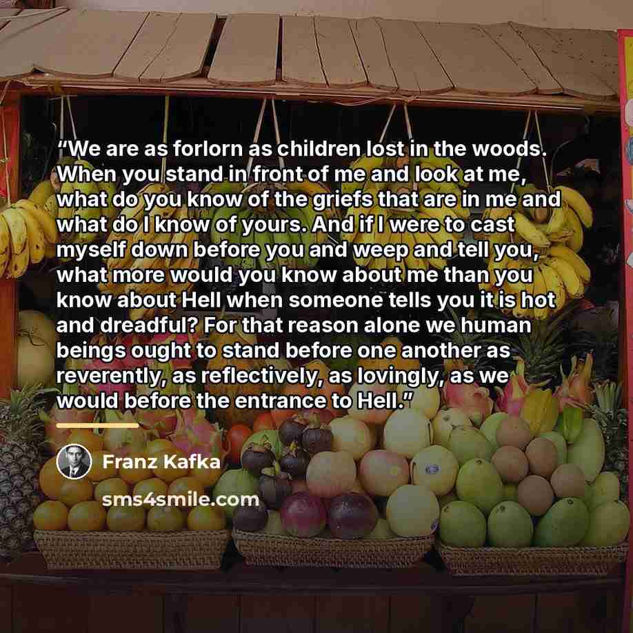 “We are as forlorn as children lost in the woods. When you stand in front of me and look at me, what do you know of the griefs that are in me and what do I know of yours. And if I were to cast myself down before you and weep and tell you, what more would you know about me than you know about Hell…” quote by Franz Kafka
