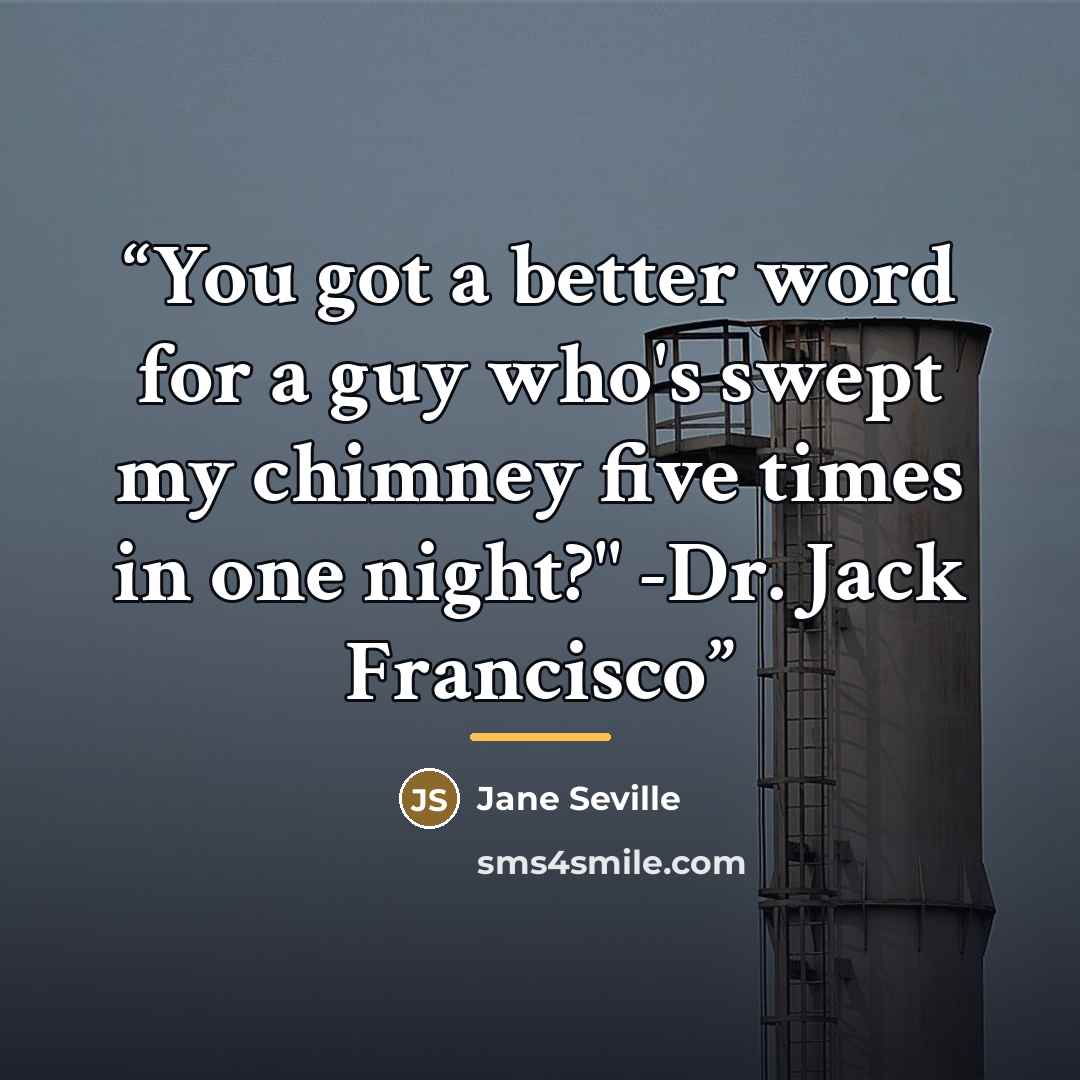 “You got a better word for a guy who's swept my chimney five times in one night?" -Dr. Jack Francisco” quote by Jane Seville