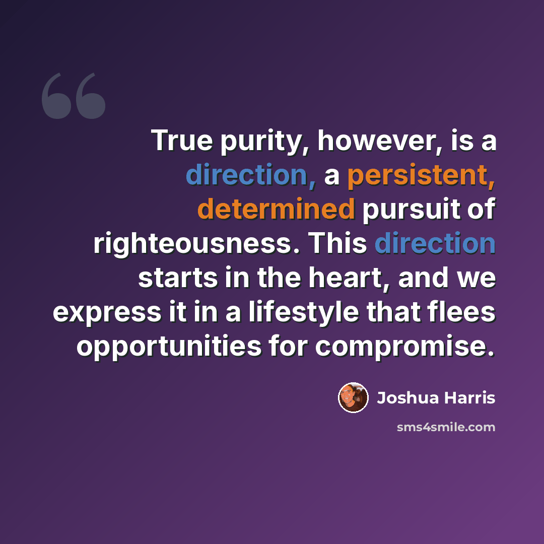 “True purity, however, is a direction, a persistent, determined pursuit of righteousness. This direction starts in the heart, and we express it in a lifestyle that flees opportunities for compromise.” quote by Joshua Harris