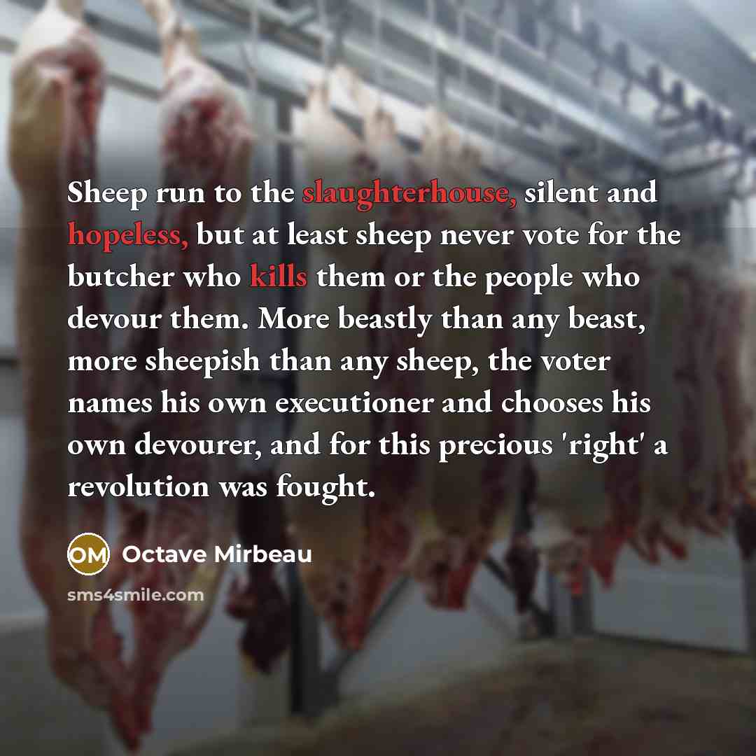 “Sheep run to the slaughterhouse, silent and hopeless, but at least sheep never vote for the butcher who kills them or the people who devour them. More beastly than any beast, more sheepish than any sheep, the voter names his own executioner and chooses his own devourer, and for this precious…” quote by Octave Mirbeau