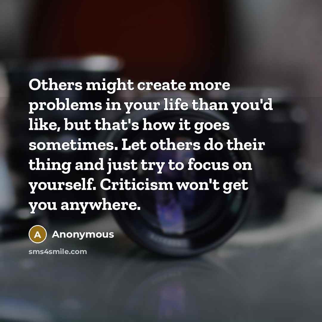 “Others might create more problems in your life than you'd like, but that's how it goes sometimes. Let others do their thing and just try to focus on yourself. Criticism won't get you anywhere.” quote by Anonymous