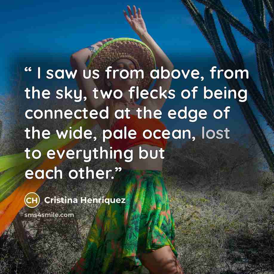“I saw us from above, from the sky, two flecks of being connected at the edge of the wide, pale ocean, lost to everything but each other.” quote by Cristina Henriquez