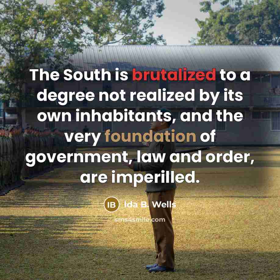 “The South is brutalized to a degree not realized by its own inhabitants, and the very foundation of government, law and order, are imperilled.” quote by Ida B. Wells