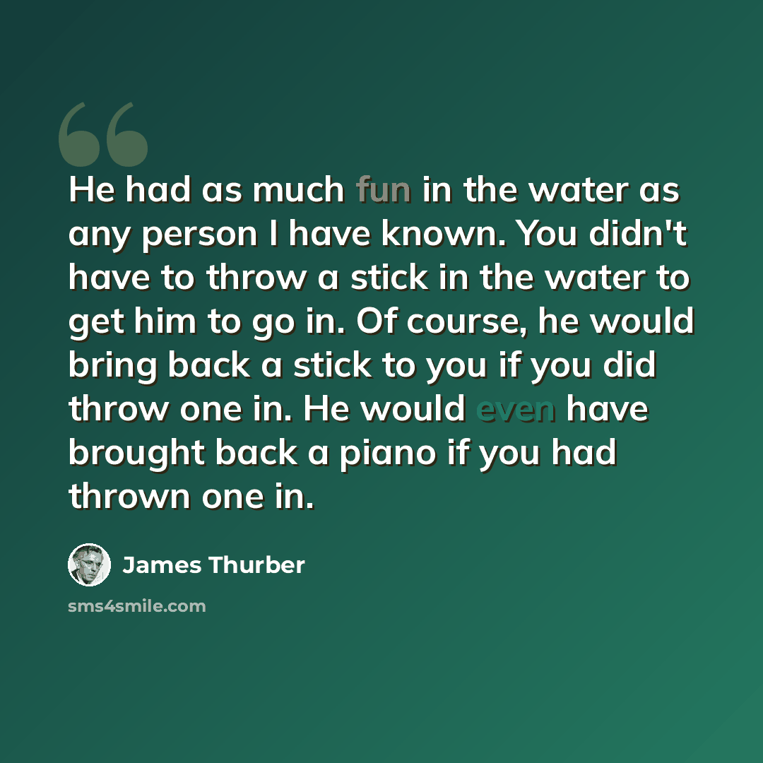 “He had as much fun in the water as any person I have known. You didn't have to throw a stick in the water to get him to go in. Of course, he would bring back a stick to you if you did throw one in. He would even have brought back a piano if you had thrown one in.” quote by James Thurber