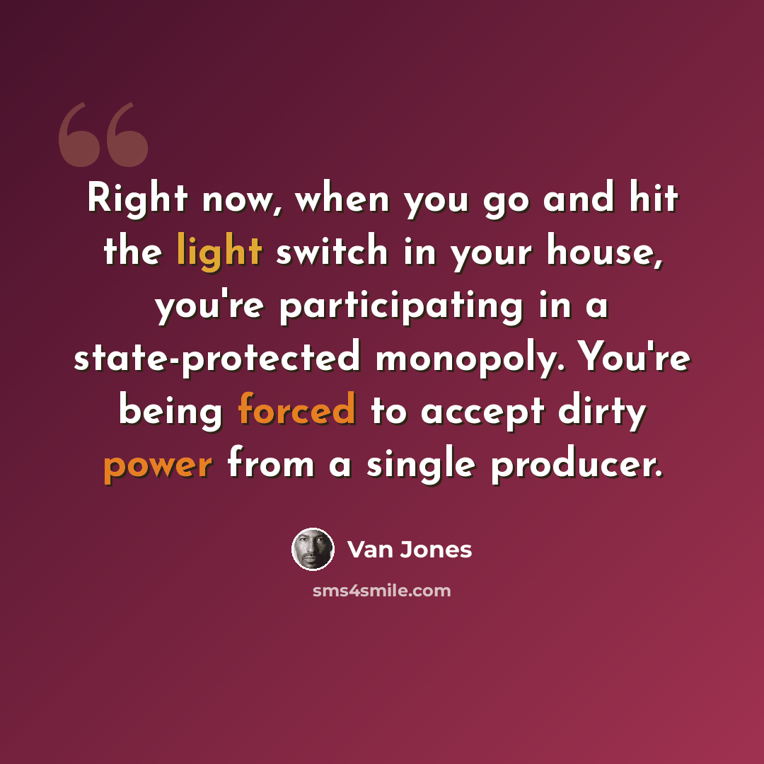 “Right now, when you go and hit the light switch in your house, you're participating in a state-protected monopoly. You're being forced to accept dirty power from a single producer.” quote by Van Jones