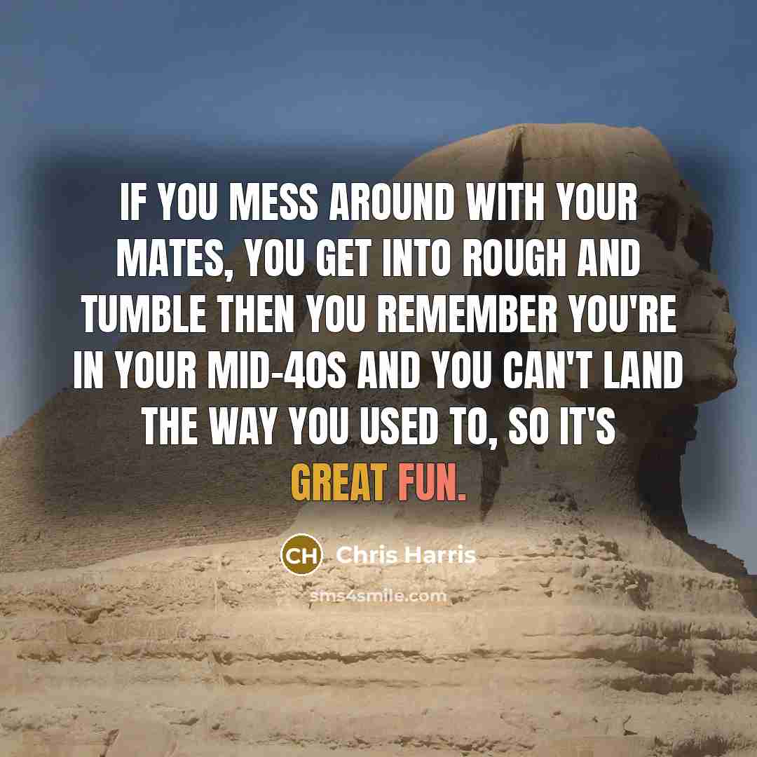 “If you mess around with your mates, you get into rough and tumble then you remember you're in your mid-40s and you can't land the way you used to, so it's great fun.” quote by Chris Harris