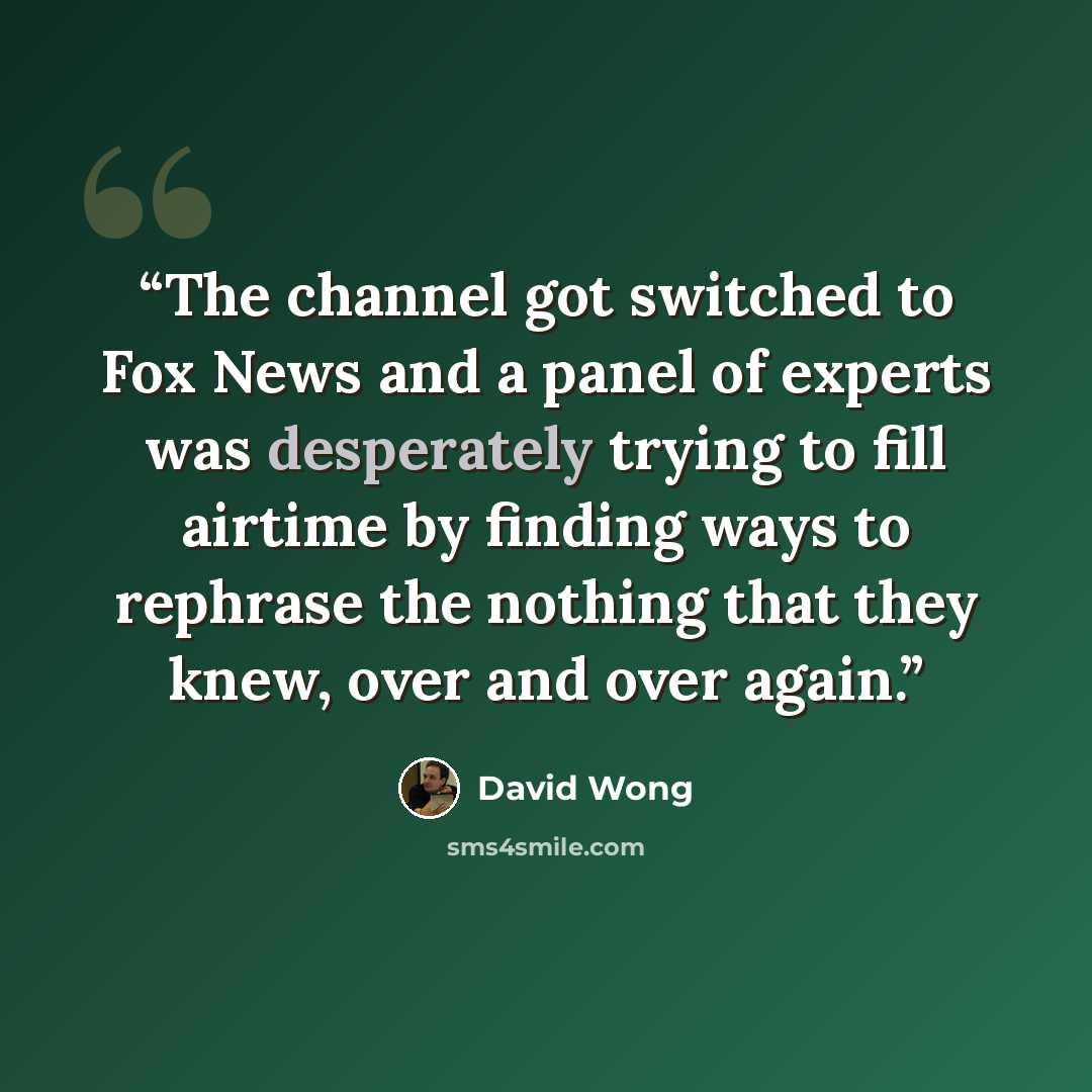 “The channel got switched to Fox News and a panel of experts was desperately trying to fill airtime by finding ways to rephrase the nothing that they knew, over and over again.” quote by David Wong