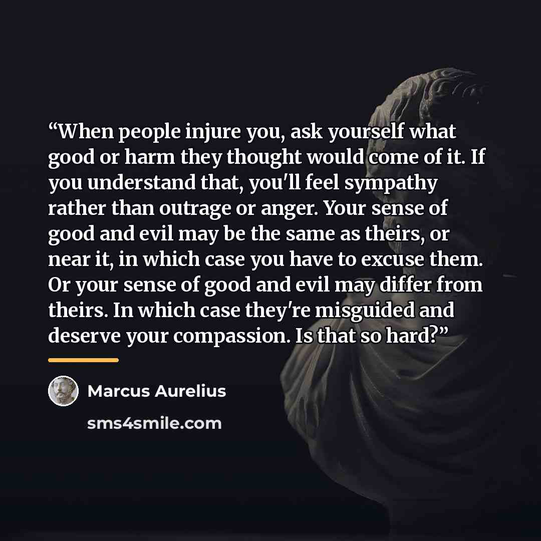 “When people injure you, ask yourself what good or harm they thought would come of it. If you understand that, you'll feel sympathy rather than outrage or anger. Your sense of good and evil may be the same as theirs, or near it, in which case you have to excuse them. Or your sense of good and evil…” quote by Marcus Aurelius
