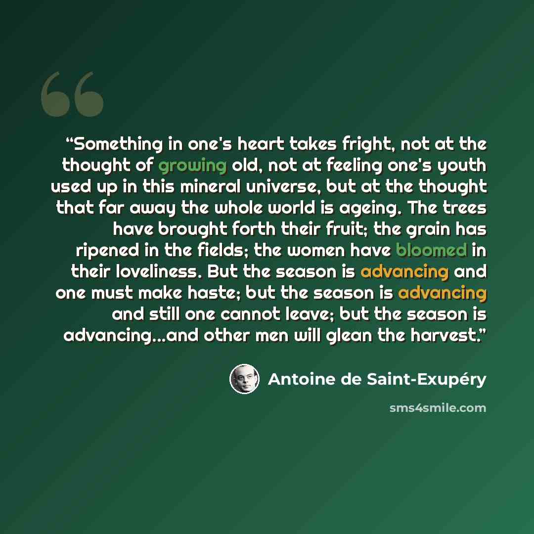 “Something in one's heart takes fright, not at the thought of growing old, not at feeling one's youth used up in this mineral universe, but at the thought that far away the whole world is ageing. The trees have brought forth their fruit; the grain has ripened in the fields; the women have bloomed…” quote by Antoine de Saint-Exupéry