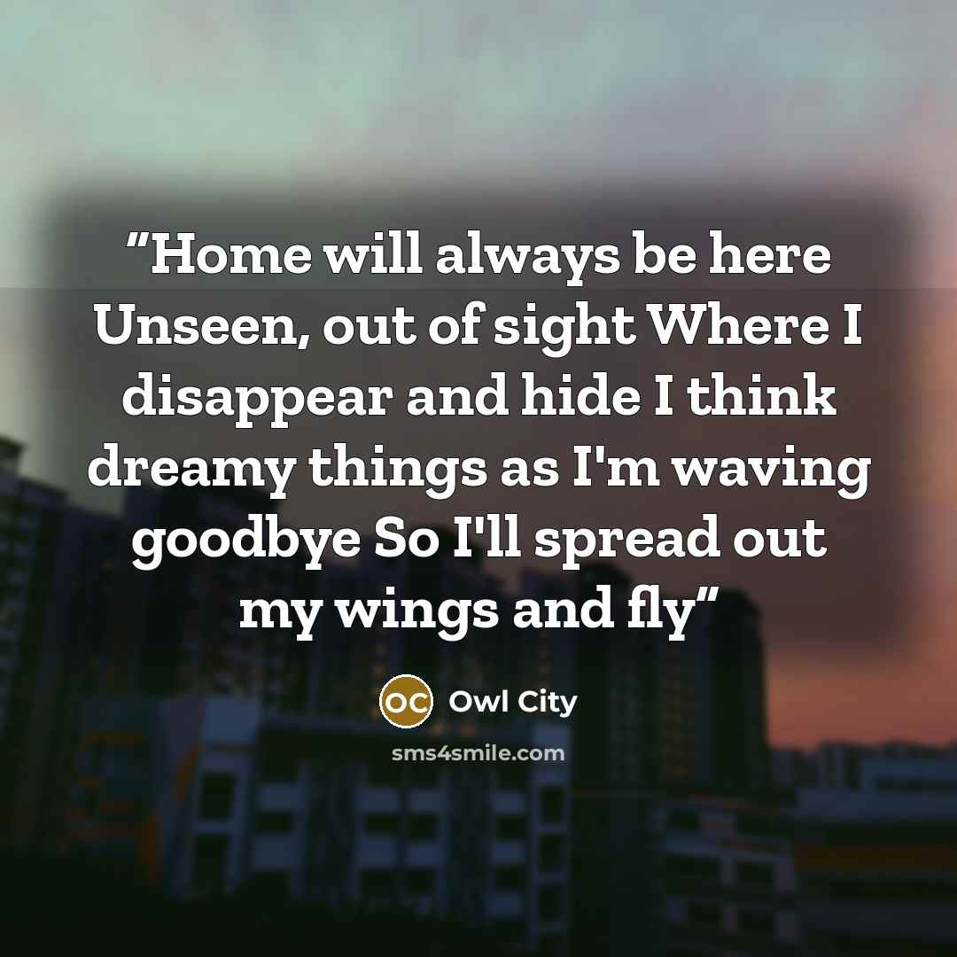 “Home will always be here Unseen, out of sight Where I disappear and hide I think dreamy things as I'm waving goodbye So I'll spread out my wings and fly” quote by Owl City