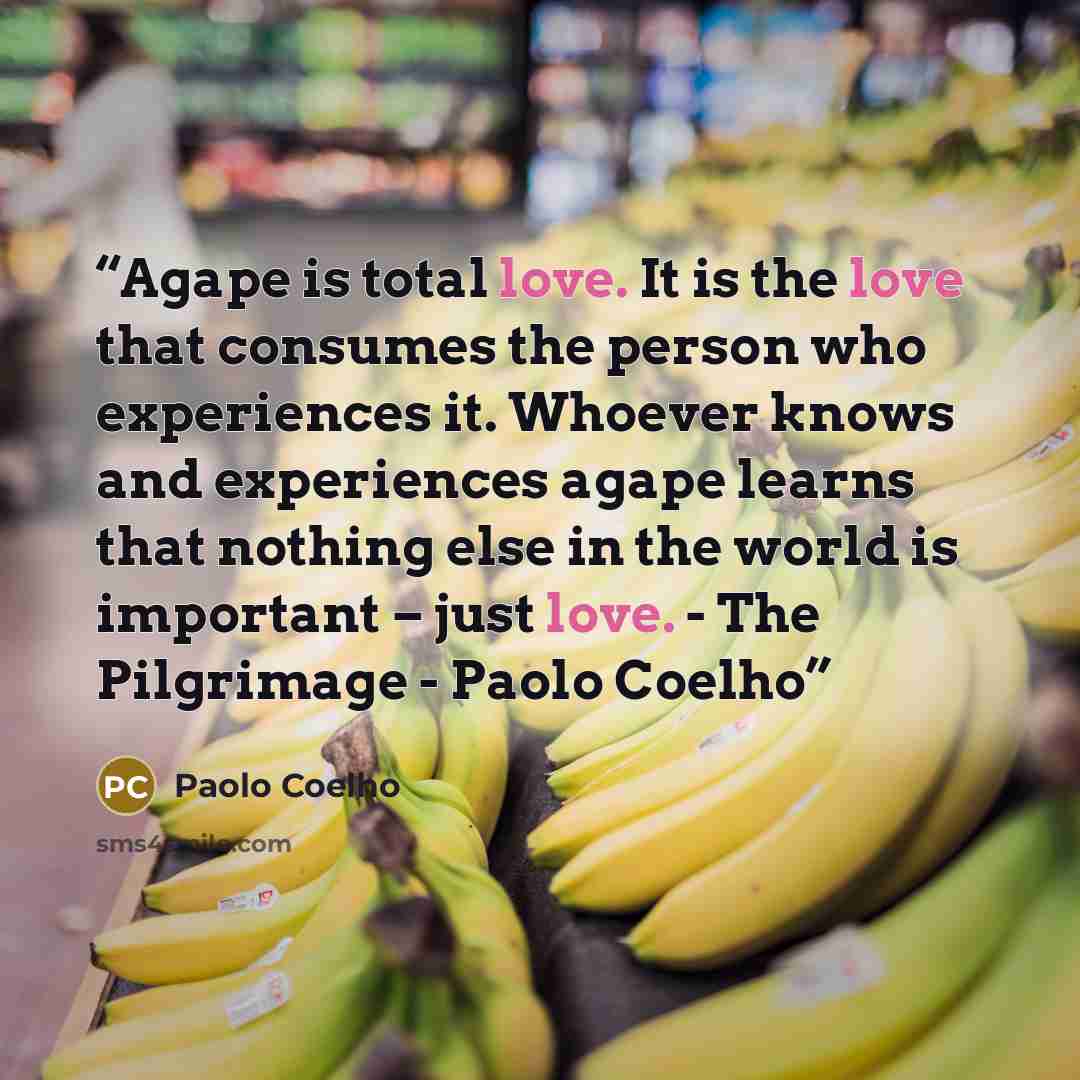 “Agape is total love. It is the love that consumes the person who experiences it. Whoever knows and experiences agape learns that nothing else in the world is important – just love. - The Pilgrimage - Paolo Coelho” quote by Paolo Coelho