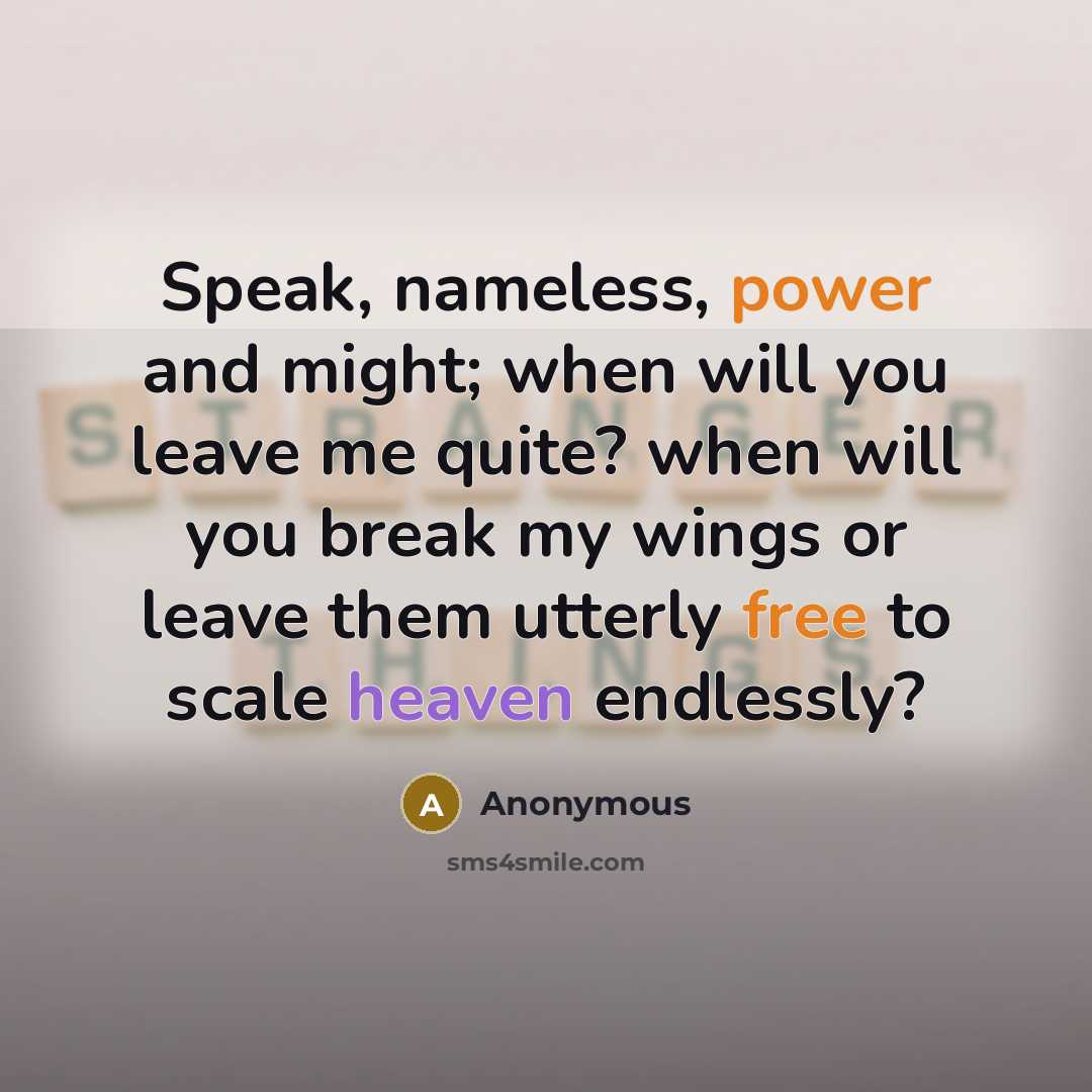 “Speak, nameless, power and might; when will you leave me quite? when will you break my wings or leave them utterly free to scale heaven endlessly?” quote by Anonymous
