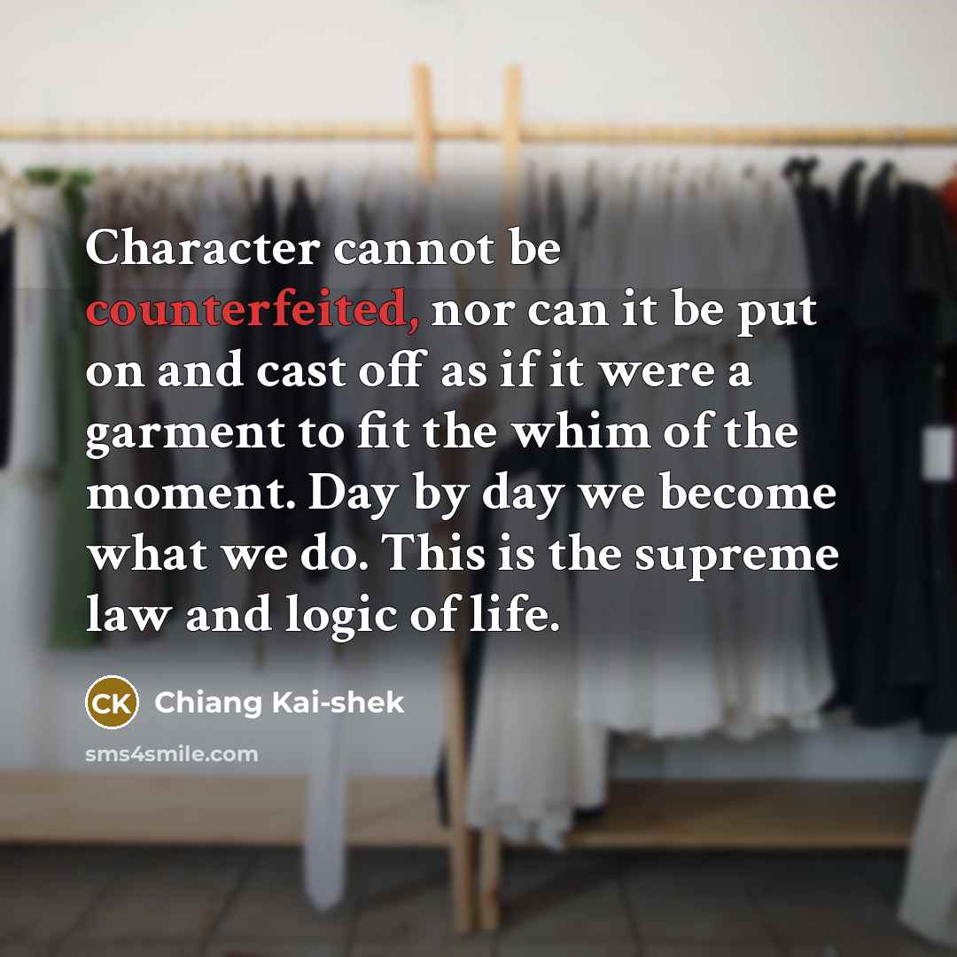 “Character cannot be counterfeited, nor can it be put on and cast off as if it were a garment to fit the whim of the moment. Day by day we become what we do. This is the supreme law and logic of life.” quote by Chiang Kai-shek