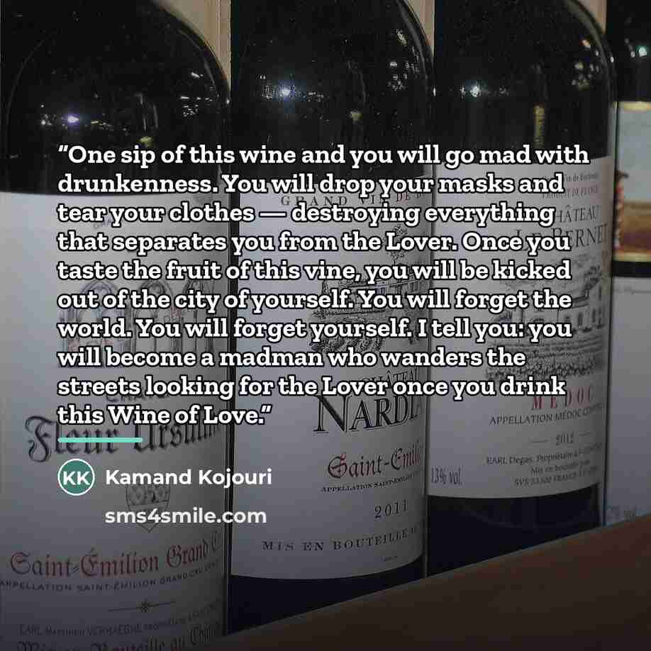 “One sip of this wine and you will go mad with drunkenness. You will drop your masks and tear your clothes — destroying everything that separates you from the Lover. Once you taste the fruit of this vine, you will be kicked out of the city of yourself. You will forget the world. You will forget…” quote by Kamand Kojouri