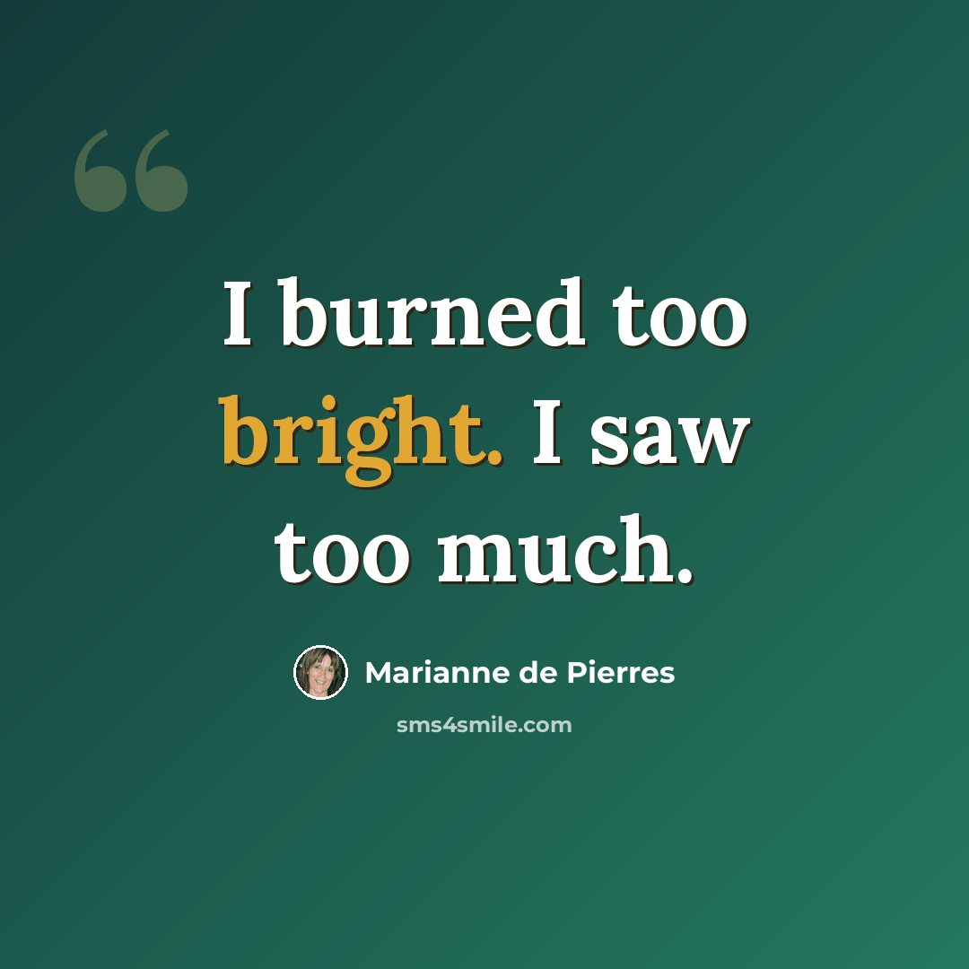 “I burned too bright. I saw too much.” quote by Marianne de Pierres