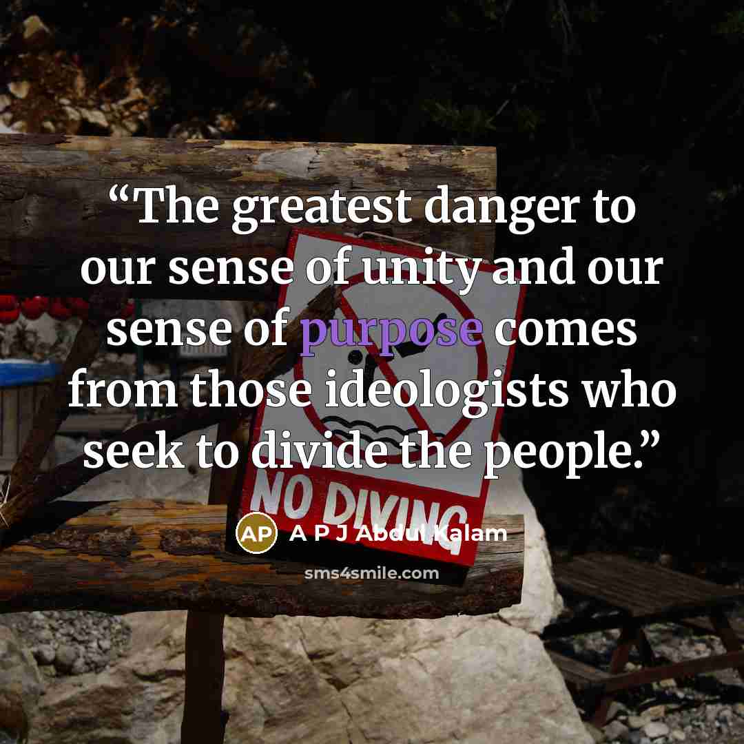“The greatest danger to our sense of unity and our sense of purpose comes from those ideologists who seek to divide the people.” quote by A P J Abdul Kalam