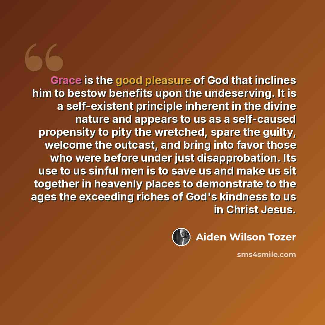 “Grace is the good pleasure of God that inclines him to bestow benefits upon the undeserving. It is a self-existent principle inherent in the divine nature and appears to us as a self-caused propensity to pity the wretched, spare the guilty, welcome the outcast, and bring into favor those who were…” quote by Aiden Wilson Tozer