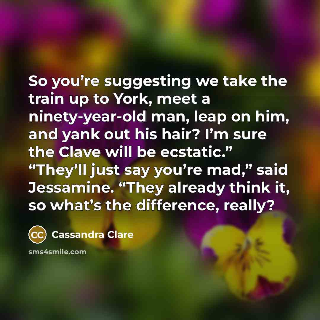 “So you’re suggesting we take the train up to York, meet a ninety-year-old man, leap on him, and yank out his hair? I’m sure the Clave will be ecstatic.” “They’ll just say you’re mad,” said Jessamine. “They already think it, so what’s the difference, really?” quote by Cassandra Clare