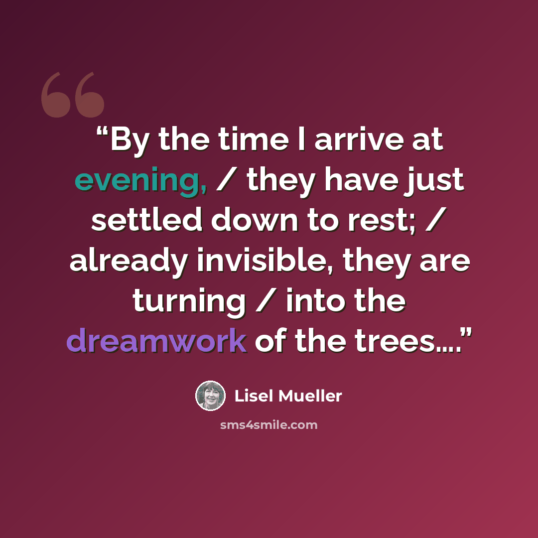 “By the time I arrive at evening, / they have just settled down to rest; / already invisible, they are turning / into the dreamwork of the trees….” quote by Lisel Mueller