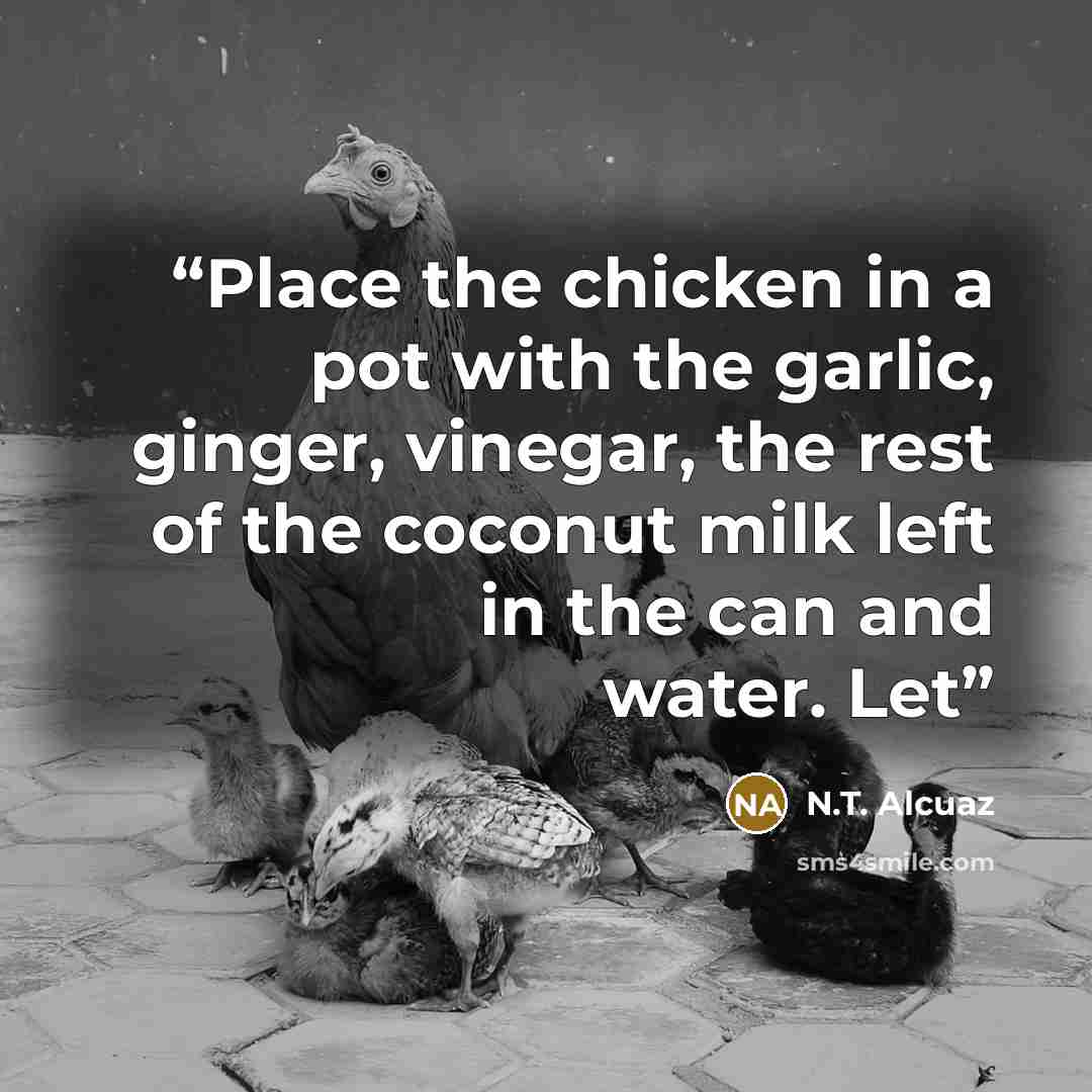 “Place the chicken in a pot with the garlic, ginger, vinegar, the rest of the coconut milk left in the can and water. Let” quote by N.T. Alcuaz