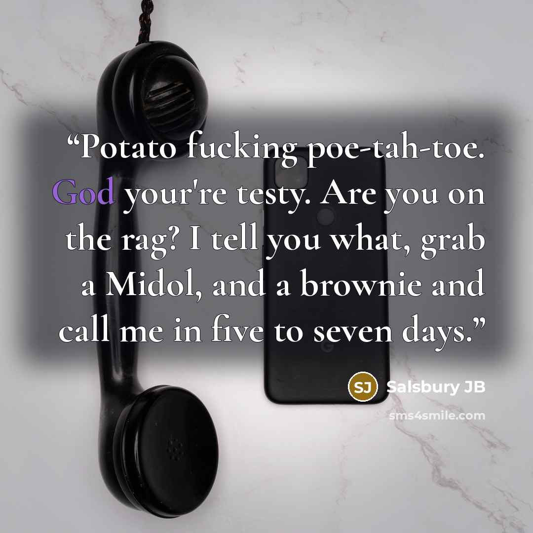 “Potato fucking poe-tah-toe. God your're testy. Are you on the rag? I tell you what, grab a Midol, and a brownie and call me in five to seven days.” quote by Salsbury JB