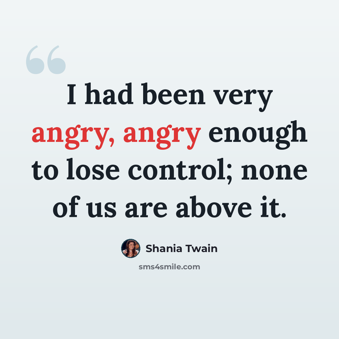 “I had been very angry, angry enough to lose control; none of us are above it.” quote by Shania Twain