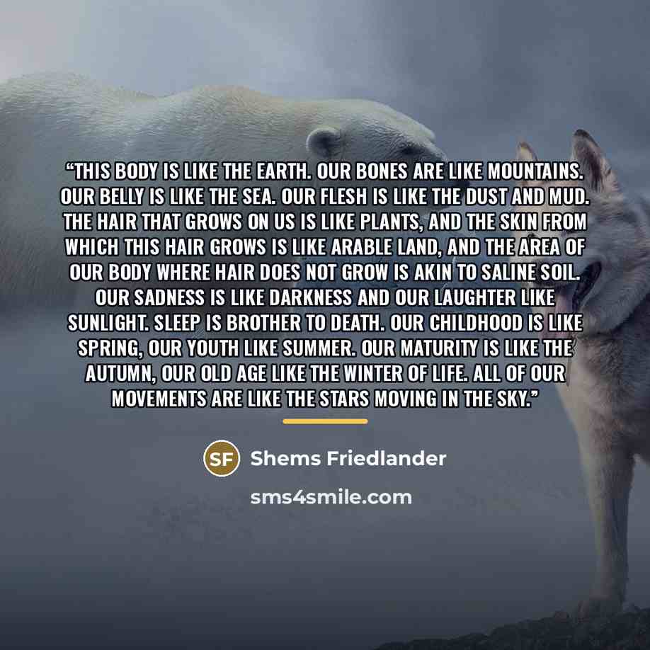 “This body is like the earth. Our bones are like mountains. Our belly is like the sea. Our flesh is like the dust and mud. The hair that grows on us is like plants, and the skin from which this hair grows is like arable land, and the area of our body where hair does not grow is akin to saline soil…” quote by Shems Friedlander