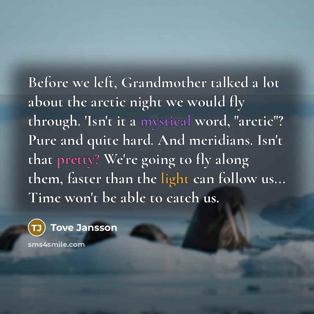 “Before we left, Grandmother talked a lot about the arctic night we would fly through. 'Isn't it a mystical word, "arctic"? Pure and quite hard. And meridians. Isn't that pretty? We're going to fly along them, faster than the light can follow us... Time won't be able to catch us.” quote by Tove Jansson