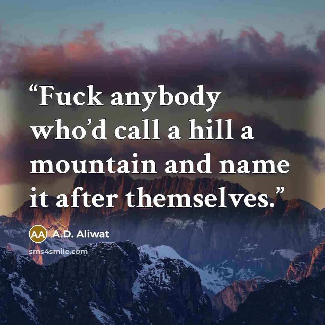 “Fuck anybody who’d call a hill a mountain and name it after themselves.” quote by A.D. Aliwat