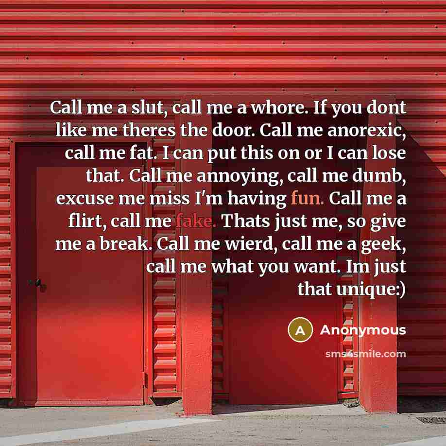 “Call me a slut, call me a whore. If you dont like me theres the door. Call me anorexic, call me fat. I can put this on or I can lose that. Call me annoying, call me dumb, excuse me miss I'm having fun. Call me a flirt, call me fake. Thats just me, so give me a break. Call me wierd, call me a geek…” quote by Anonymous