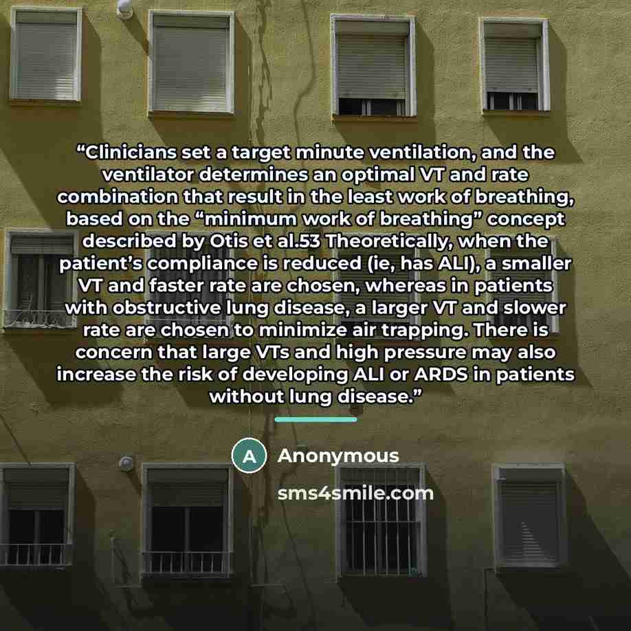“Clinicians set a target minute ventilation, and the ventilator determines an optimal VT and rate combination that result in the least work of breathing, based on the “minimum work of breathing” concept described by Otis et al.53 Theoretically, when the patient’s compliance is reduced (ie, has…” quote by Anonymous