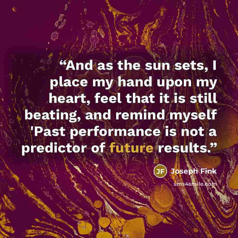 “And as the sun sets, I place my hand upon my heart, feel that it is still beating, and remind myself 'Past performance is not a predictor of future results.” quote by Joseph Fink