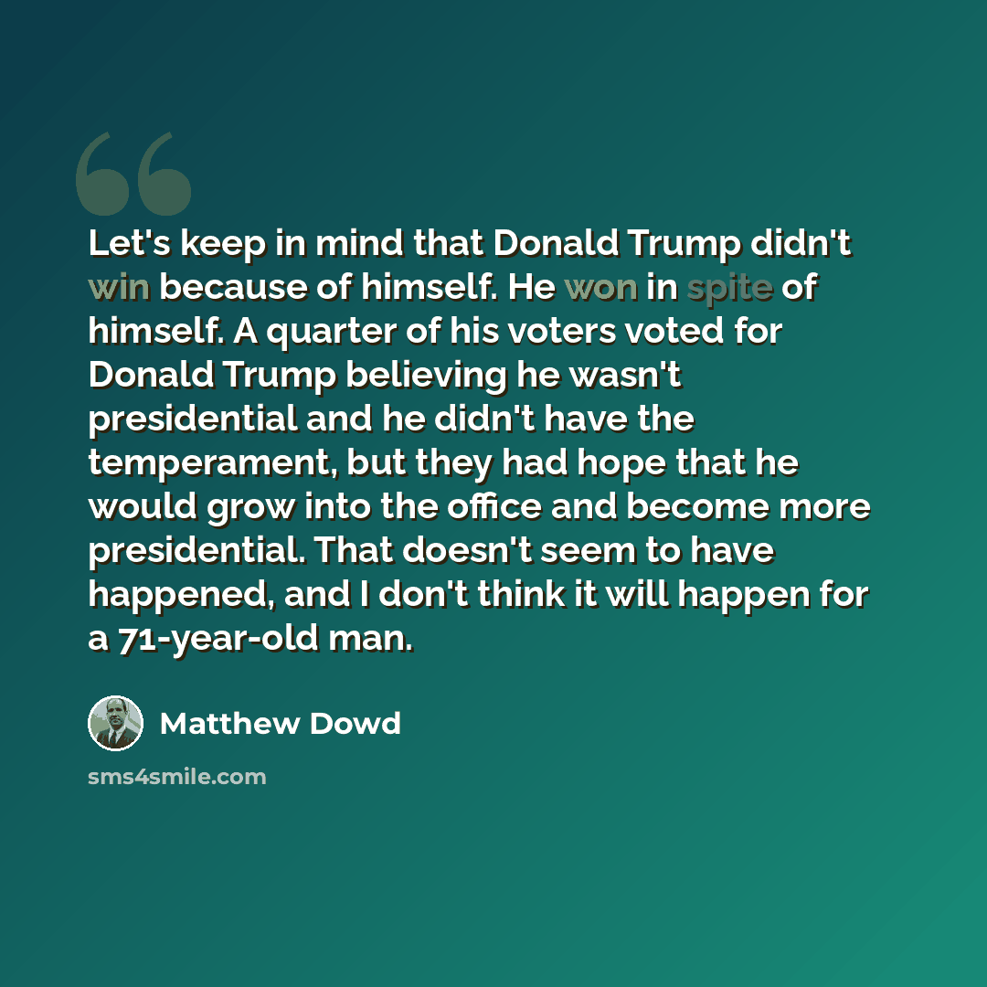 “Let's keep in mind that Donald Trump didn't win because of himself. He won in spite of himself. A quarter of his voters voted for Donald Trump believing he wasn't presidential and he didn't have the temperament, but they had hope that he would grow into the office and become more presidential…” quote by Matthew Dowd