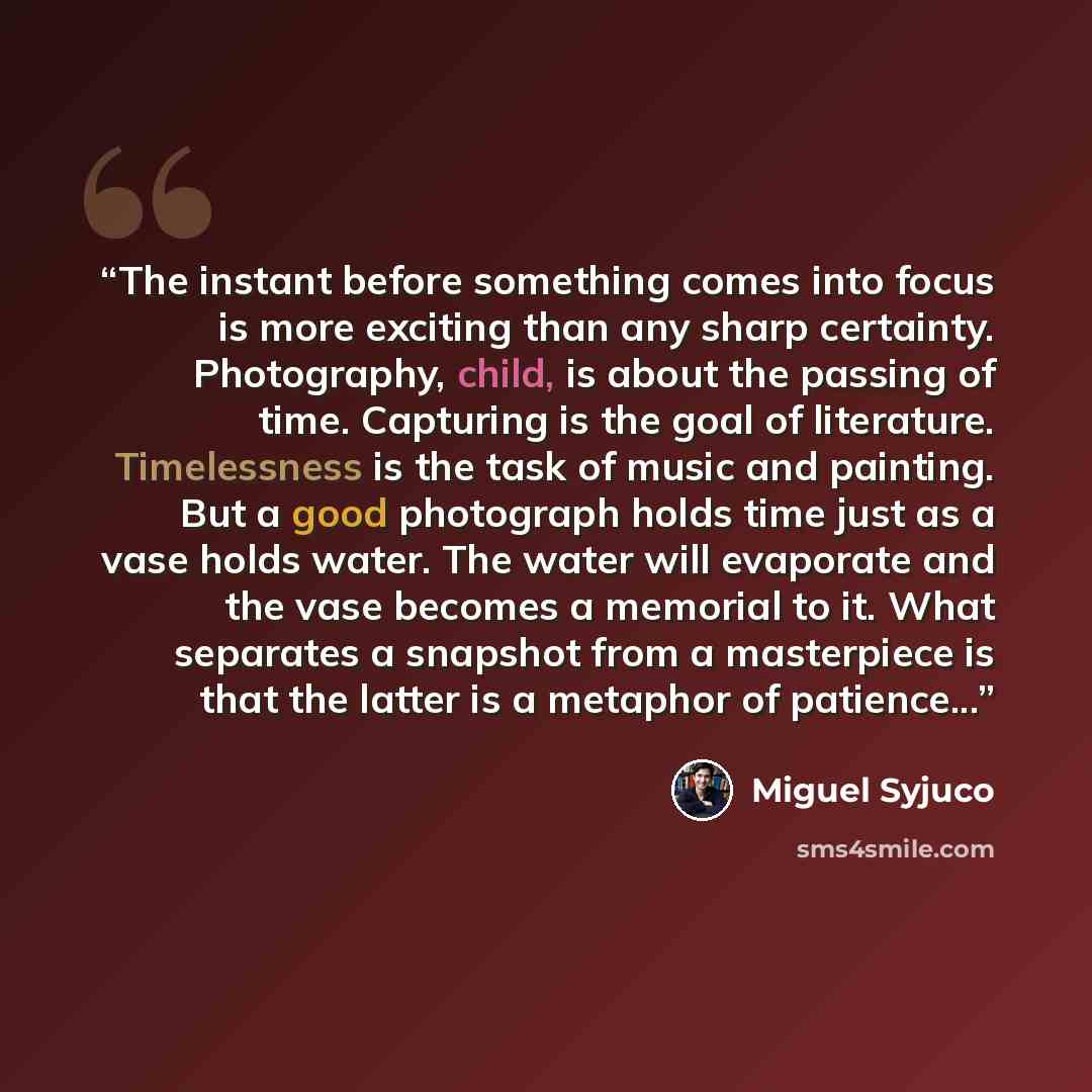 “The instant before something comes into focus is more exciting than any sharp certainty. Photography, child, is about the passing of time. Capturing is the goal of literature. Timelessness is the task of music and painting. But a good photograph holds time just as a vase holds water. The water…” quote by Miguel Syjuco