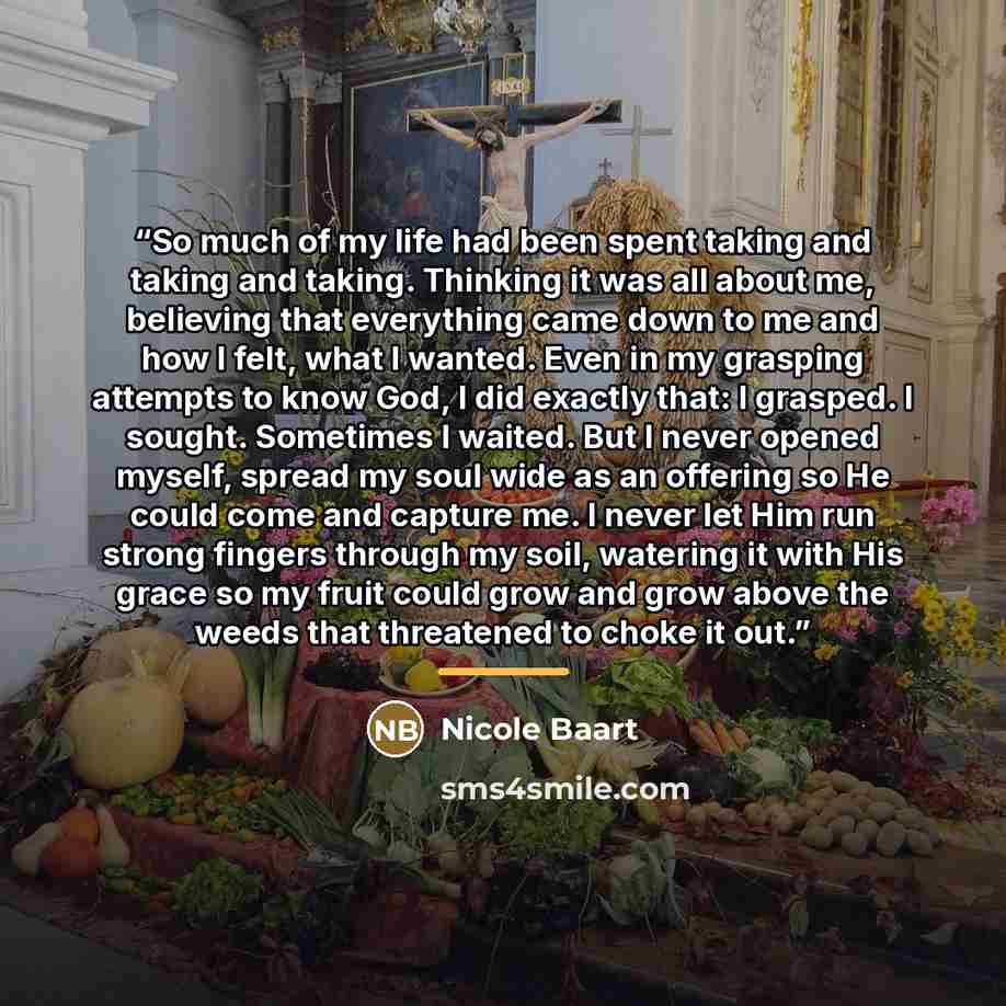 “So much of my life had been spent taking and taking and taking. Thinking it was all about me, believing that everything came down to me and how I felt, what I wanted. Even in my grasping attempts to know God, I did exactly that: I grasped. I sought. Sometimes I waited. But I never opened myself…” quote by Nicole Baart