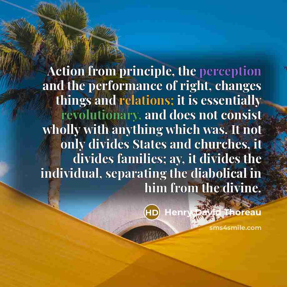 “Action from principle, the perception and the performance of right, changes things and relations; it is essentially revolutionary, and does not consist wholly with anything which was. It not only divides States and churches, it divides families; ay, it divides the individual, separating the…” quote by Henry David Thoreau