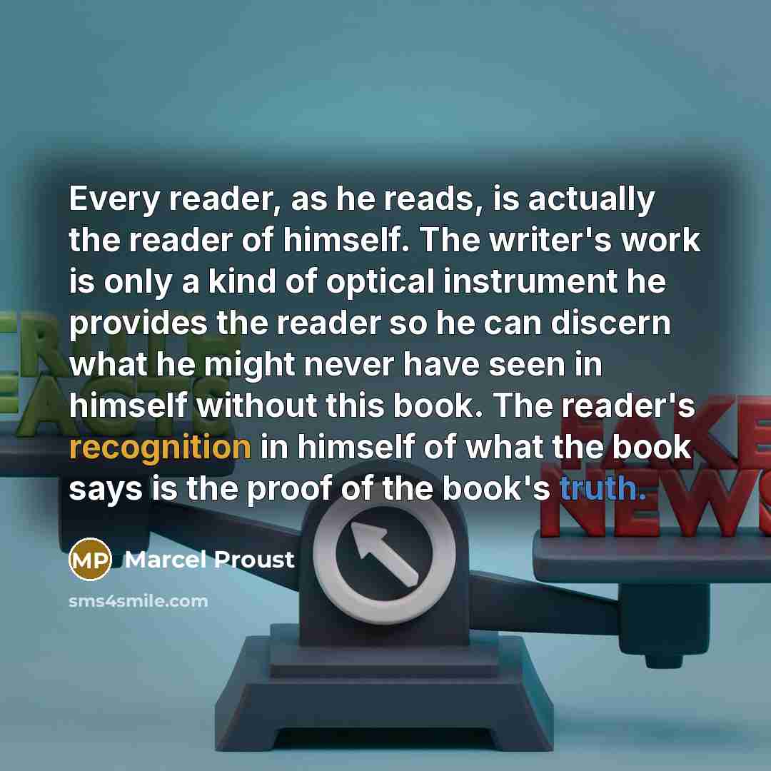 “Every reader, as he reads, is actually the reader of himself. The writer's work is only a kind of optical instrument he provides the reader so he can discern what he might never have seen in himself without this book. The reader's recognition in himself of what the book says is the proof of the…” quote by Marcel Proust