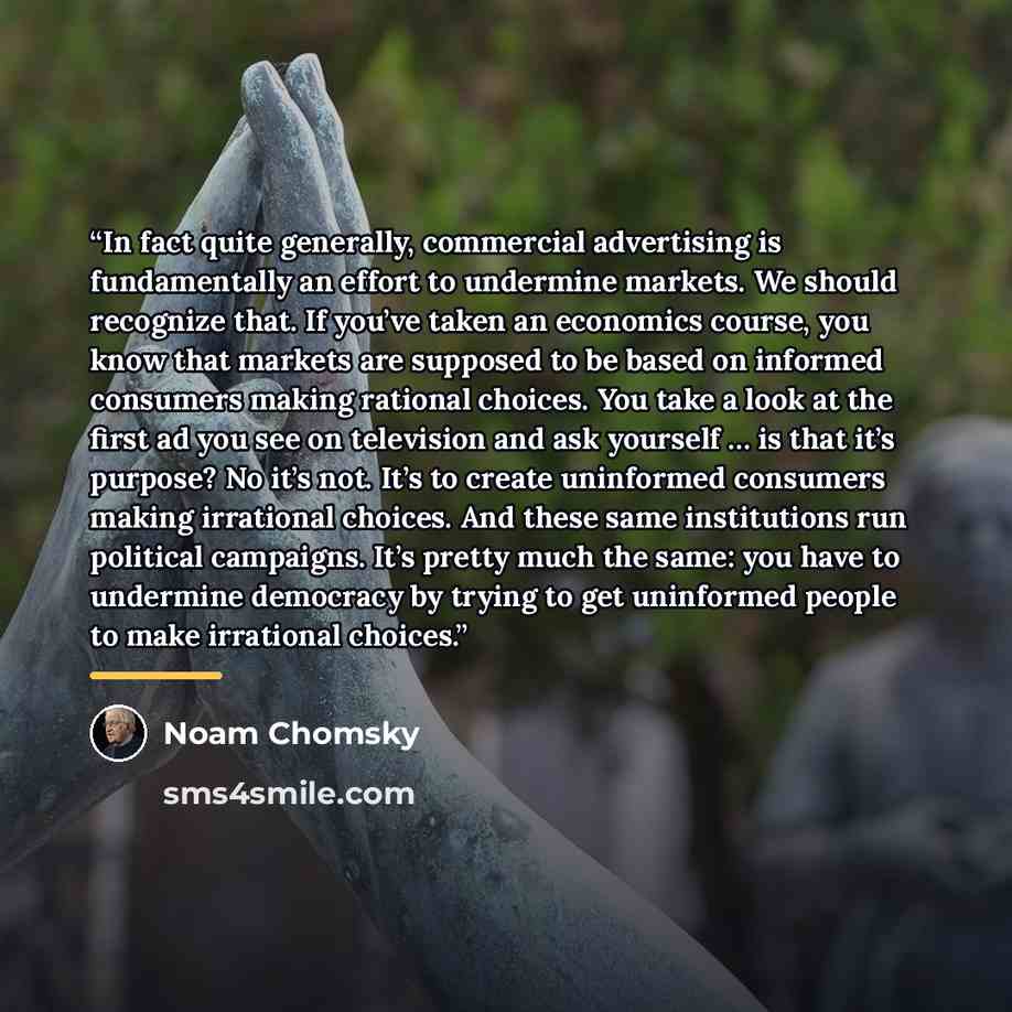 “In fact quite generally, commercial advertising is fundamentally an effort to undermine markets. We should recognize that. If you’ve taken an economics course, you know that markets are supposed to be based on informed consumers making rational choices. You take a look at the first ad you see on…” quote by Noam Chomsky