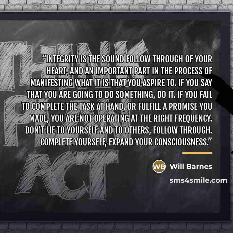 “Integrity is the sound follow through of your heart, and an important part in the process of manifesting what it is that you aspire to. If you say that you are going to do something, do it. If you fail to complete the task at hand, or fulfill a promise you made, you are not operating at the right…” quote by Will Barnes
