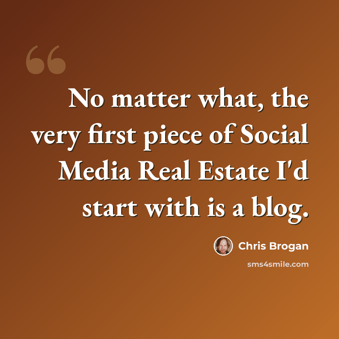 “No matter what, the very first piece of Social Media Real Estate I'd start with is a blog.” quote by Chris Brogan