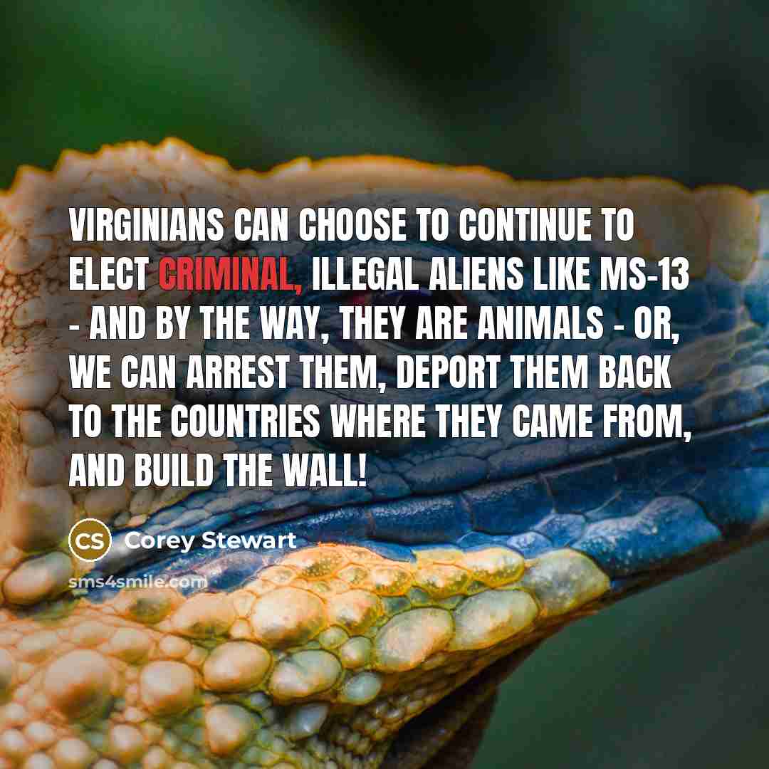 “Virginians can choose to continue to elect criminal, illegal aliens like MS-13 - and by the way, they are animals - or, we can arrest them, deport them back to the countries where they came from, and build the wall!” quote by Corey Stewart