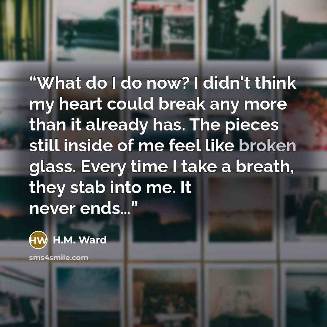 “What do I do now? I didn't think my heart could break any more than it already has. The pieces still inside of me feel like broken glass. Every time I take a breath, they stab into me. It never ends…” quote by H.M. Ward