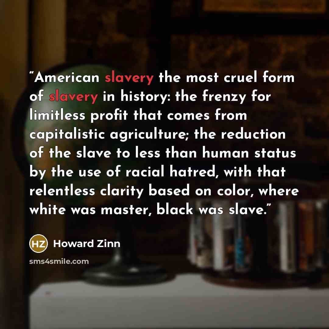 “American slavery the most cruel form of slavery in history: the frenzy for limitless profit that comes from capitalistic agriculture; the reduction of the slave to less than human status by the use of racial hatred, with that relentless clarity based on color, where white was master, black was…” quote by Howard Zinn