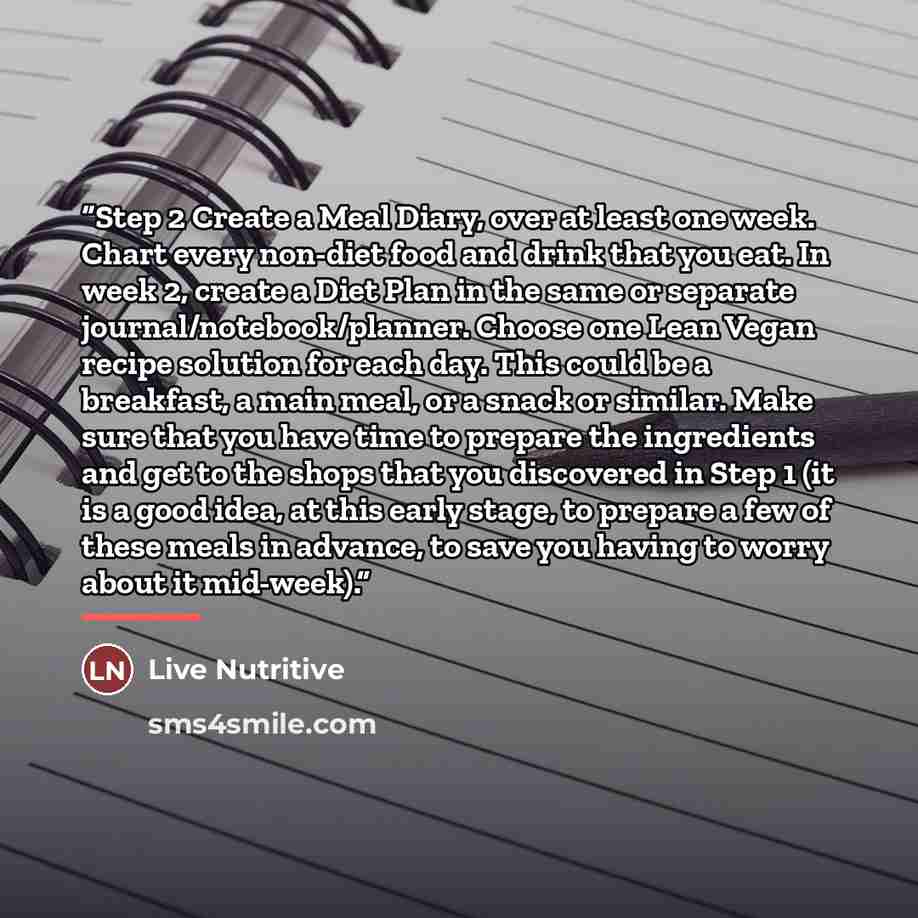 “Step 2 Create a Meal Diary, over at least one week. Chart every non-diet food and drink that you eat. In week 2, create a Diet Plan in the same or separate journal/notebook/planner. Choose one Lean Vegan recipe solution for each day. This could be a breakfast, a main meal, or a snack or similar…” quote by Live Nutritive