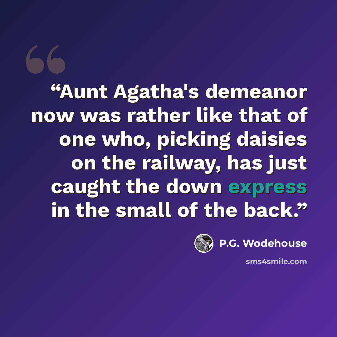 “Aunt Agatha's demeanor now was rather like that of one who, picking daisies on the railway, has just caught the down express in the small of the back.” quote by P.G. Wodehouse