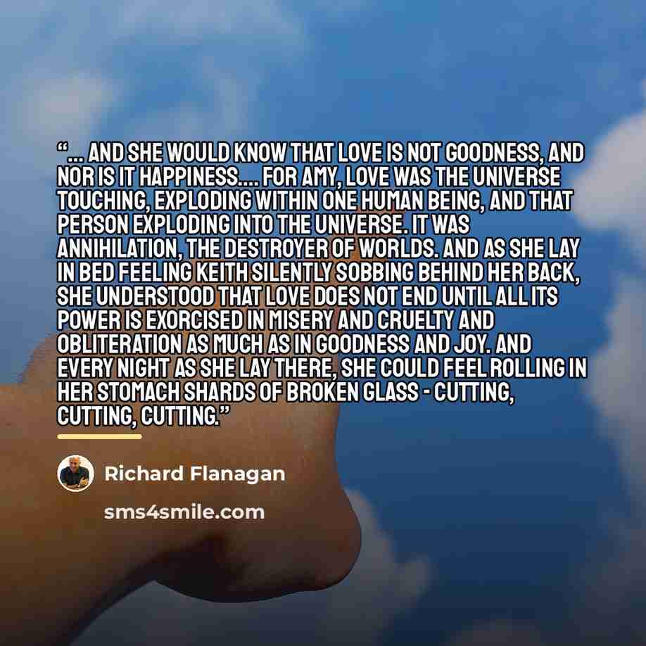 “... and she would know that love is not goodness, and nor is it happiness… For Amy, love was the universe touching, exploding within one human being, and that person exploding into the universe. It was annihilation, the destroyer of worlds. And as she lay in bed feeling Keith silently sobbing…” quote by Richard Flanagan