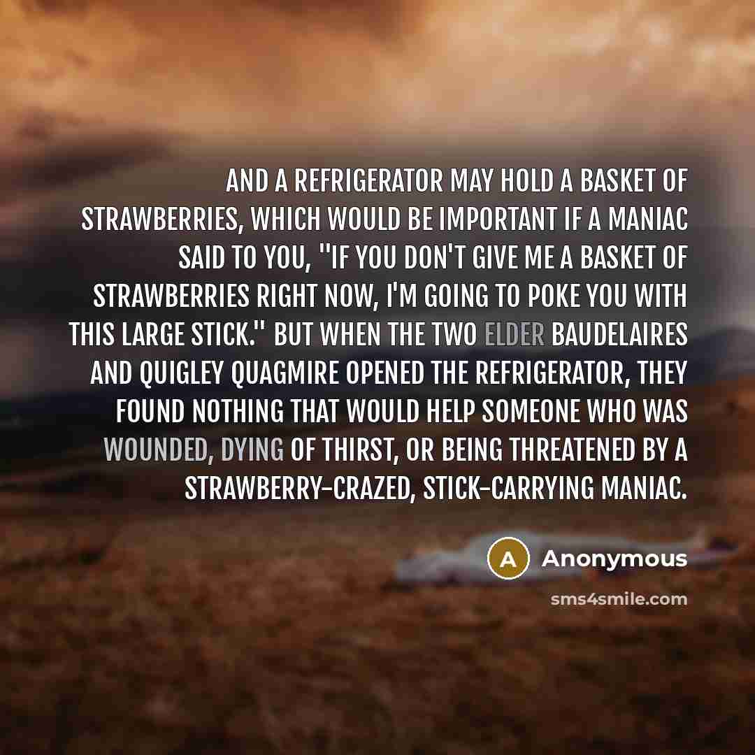 “And a refrigerator may hold a basket of strawberries, which would be important if a maniac said to you, "If you don't give me a basket of strawberries right now, I'm going to poke you with this large stick." But when the two elder Baudelaires and Quigley Quagmire opened the refrigerator, they…” quote by Anonymous