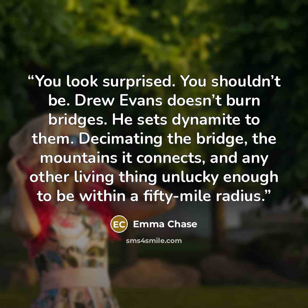 “You look surprised. You shouldn’t be. Drew Evans doesn’t burn bridges. He sets dynamite to them. Decimating the bridge, the mountains it connects, and any other living thing unlucky enough to be within a fifty-mile radius.” quote by Emma Chase