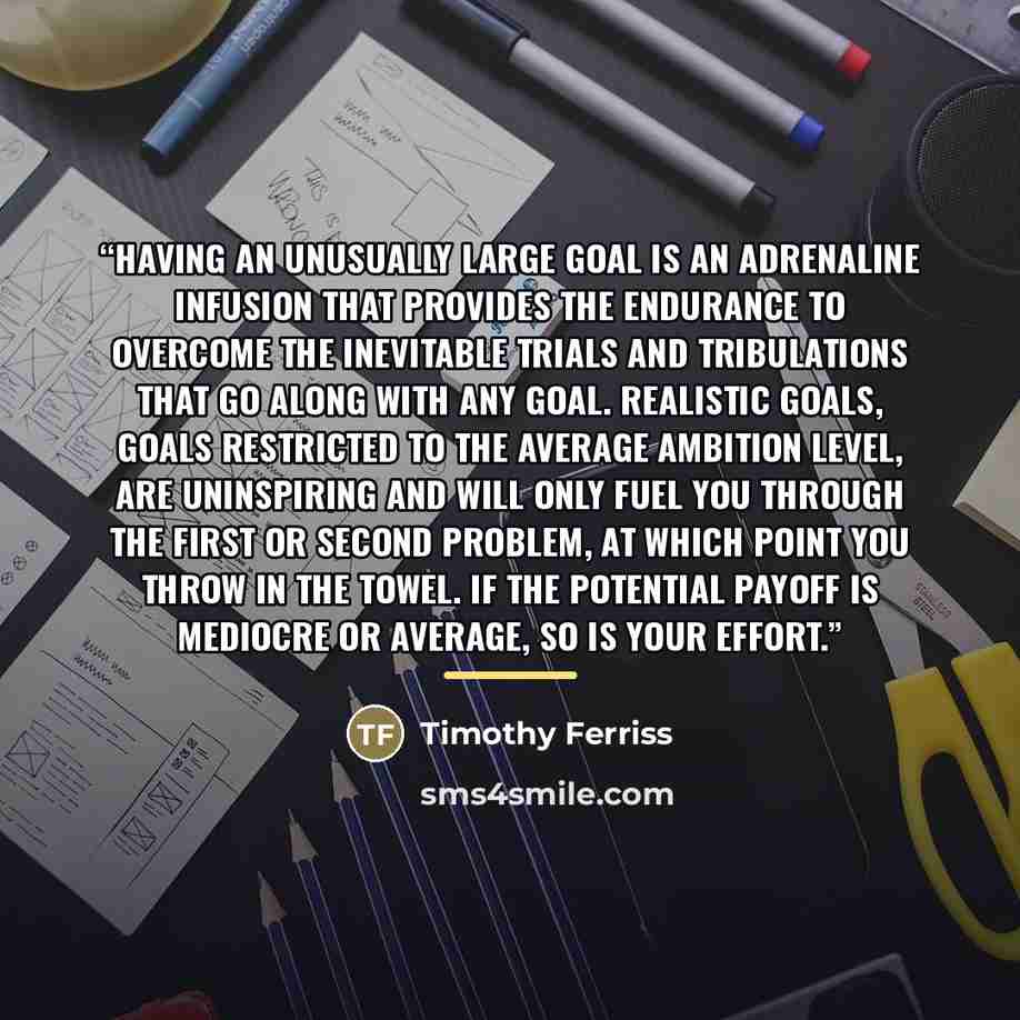 “Having an unusually large goal is an adrenaline infusion that provides the endurance to overcome the inevitable trials and tribulations that go along with any goal. Realistic goals, goals restricted to the average ambition level, are uninspiring and will only fuel you through the first or second…” quote by Timothy Ferriss